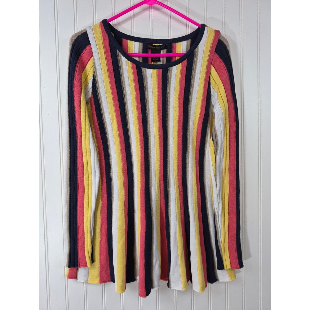 Women's Rainbow Striped Fit & Flare Knit Sweater Navy Yellow Red Large Petite